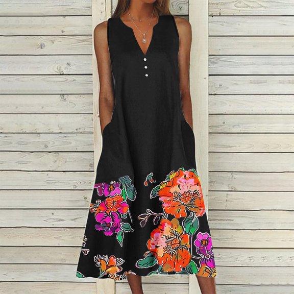 Viikei Casual Tiered Short Sleeve Dress,New Women's V-neck Button Button Sleeveless Printed Long Dress Black S