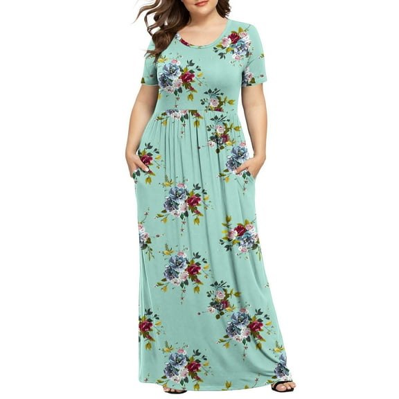 Viikei Casual Tiered Short Sleeve Dress,Women's Plus Printed Casual Short Sleeve Round Neck Pleated Pocket and Ankle Dress Mint Green XXL