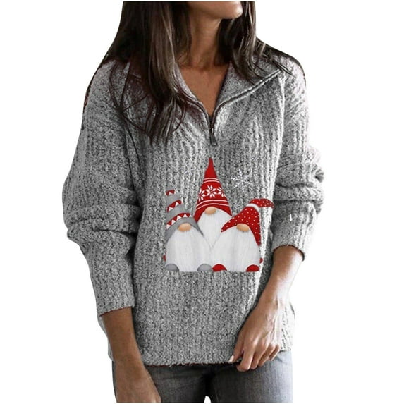 Viikei Sweaters for Women Clearance $5.00 Fall Sweaters for Women Women's and Winter V-neck Sweater Santa Claus Printed Zipper Long Sleeve Knitted Sweater Women's Sweater