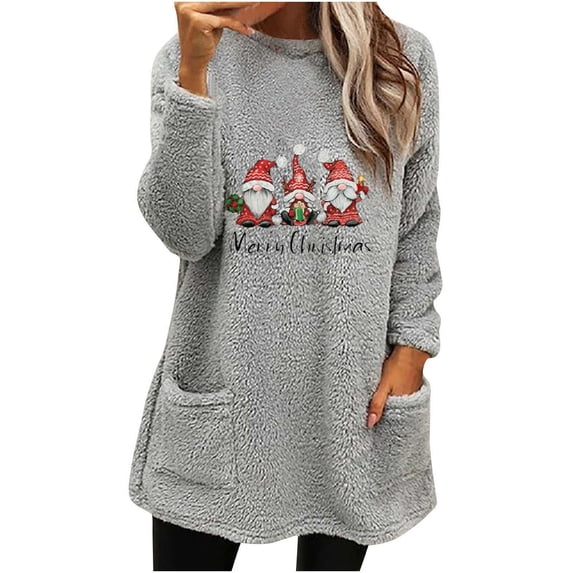 Viikei Christmas Sweaters for Women Plus Size Women's Round- Neck and Winter Loose Print Pocket Warm Long Sleeve Blouse Tops