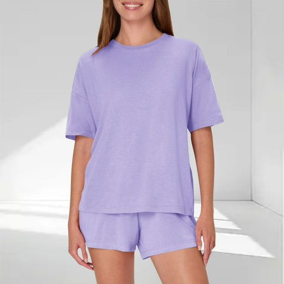 Viikei Classic Cotton Pajama Set for Women Comfy Sleep & Lounge,Women's Casual Loose Solid Color Round Neck Short Sleeved Shorts Pajamas Suit Purple XXL