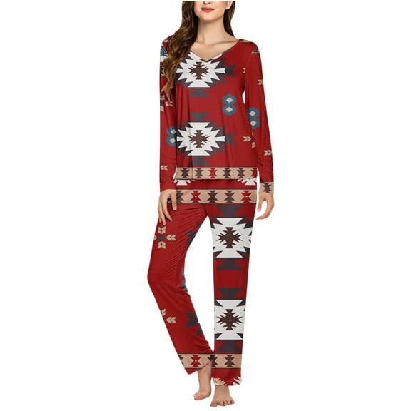 Viikei Classic Cotton Pajama Set for Women Comfy Sleep & Lounge,Ladies' Christmas Printed V-neck Casual Long Top Pants Pajama Set Red S