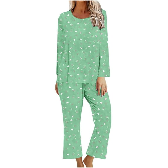 Viikei Classic Cotton Pajama Set for Women Comfy Sleep & Lounge,Ladies' Gradient Printed Casual Top Pants Pajama Set Green XXL