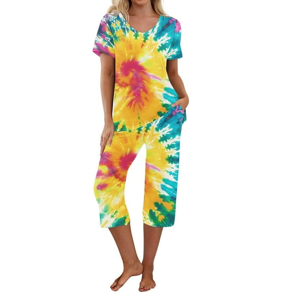 Viikei Classic Cotton Pajama Set for Women Comfy Sleep & Lounge,Women-neck Short Sleeved Pajamas and Pants Set Casual Pajamas with Pockets Yellow S