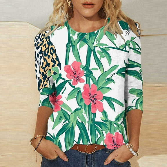 Viikei Classic Fall Women's Round Neck Top 3/4 Sleeve,Women Vacation Style Floral Leisure Print Round Neck Three Quarter Sleeve 3/4 Sleeve T-shirt Loose Green XXXL