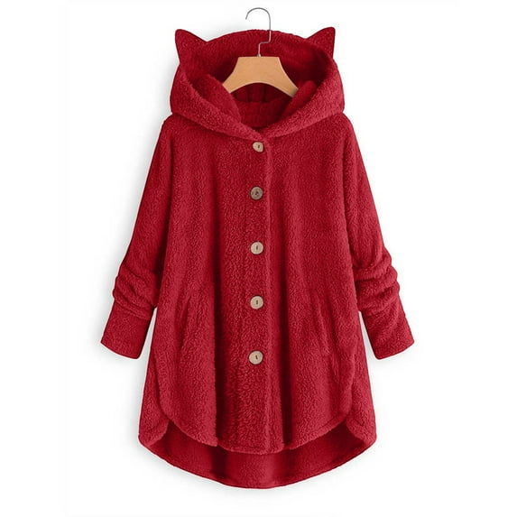 Viikei Clearance Coats for Women Plus Size,Fashion Women's Button V-Neck Pullover Tops Long Sleeve Hooded Blouse Coat Red L