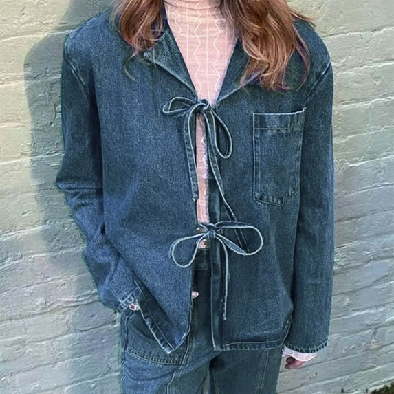 Viikei Coats for Women Plus Size Clearance,Women's Denim Outerwear Denim Shirt Set With Lace-up Versatile Long Sleeves Long-sleeved Hoodless Denim Jacket/jacket Blue L