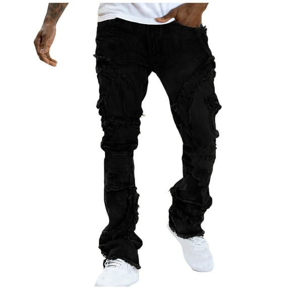 Viikei Comfort Waist Jeans for Men Flexible,Men Fashion Zipper Button Solid Casual Pocket Sports Trousers Pants Black L
