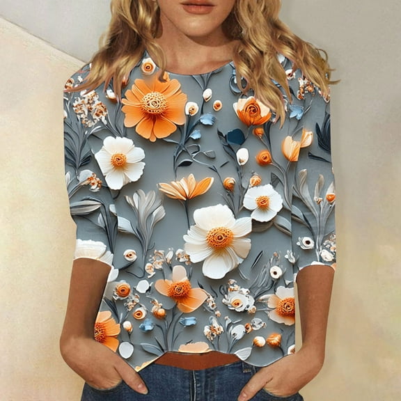 Viikei Comfortable Office Women's 3/4 Sleeve Round Neck Top,Ladies' Loose Casual Daily Printed Round Neck Three Quarter Sleeve 3/4 Sleeve T-shirt Gray S