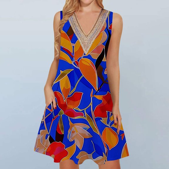 Viikei Comfortable Short Sleeve Dress,Women's Printed Lace Sleeveless Pocket V-Neck Dress Purple XL