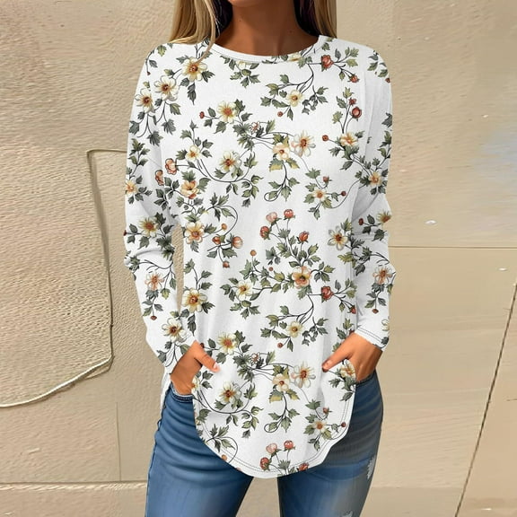 Viikei Crew Neck T Shirt Women,Women's Long-sleeved Crew-neck Drop Shoulder Casual Printed White L