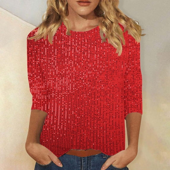 Viikei Crewneck Sweatshirts for Women,Fashion Women's Pullover Shirt with Sequins and Casual Round Neck 3/4 Sleeve Top Red XXL