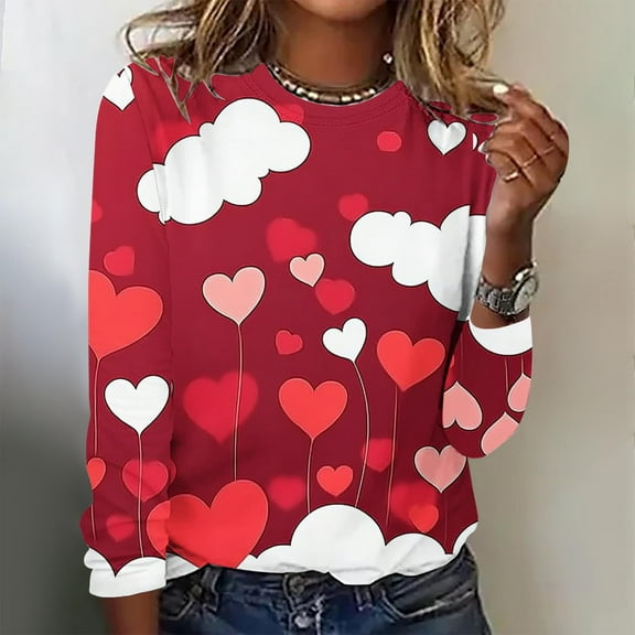 Viikei Crewneck Sweatshirts for Women,Women's Valentine's Day Fashion Print Loose Comfortable Crew-neck Long Sleeve Tops Red M
