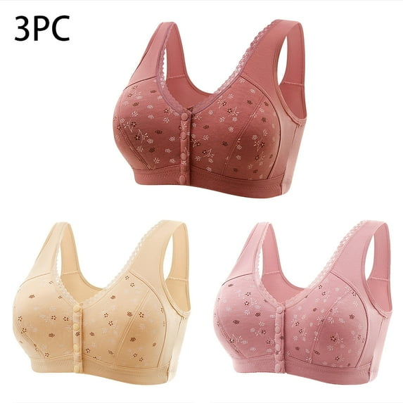 Viikei Daily Wear Women's Bra with Adjustable Closure,3PC Women Front Buckle for Middle-Aged and Elderly Underwear Soft Oversized Tank Top without Steel Ring Printed Bra Coffee XXXXXXXL