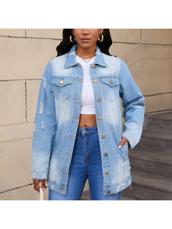 Denim Coats & Jackets,Fashion Women Casual Button Solid Long Sleeve Tops Jacket Coat Light Blue XL