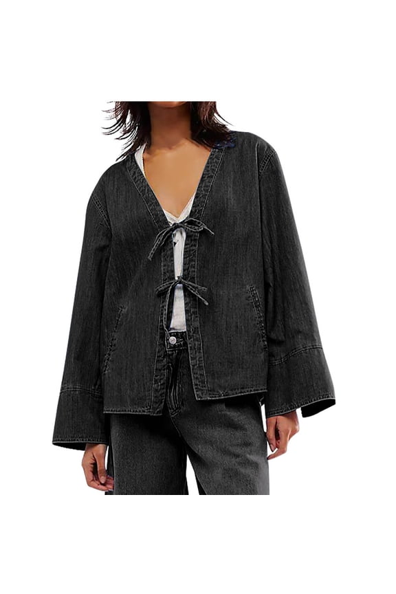Denim Coats & Jackets,Ladies New Style Tie Versatile Long Sleeve Pocket Denim Shirt Jacket Long Sleeve Hoodless Denim Jacket/jacket Black M