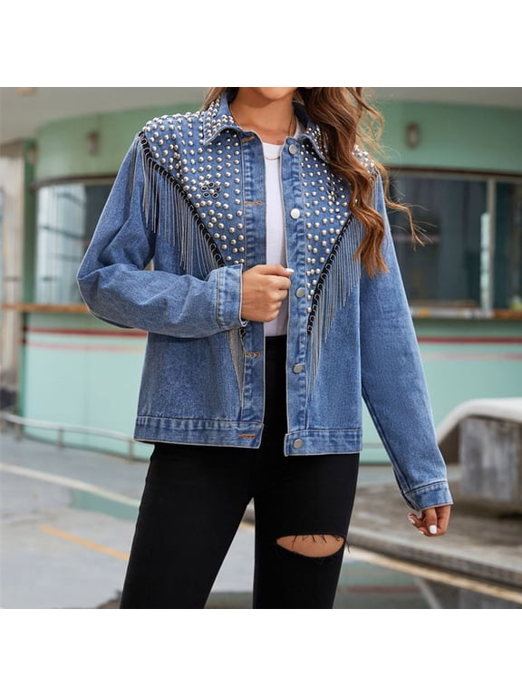 Denim Jackets for Women,Women Fashion Casual Studded Frayed Tassel Blue Denim Jacket Fringe Rhinestone Jean Coats Blue L