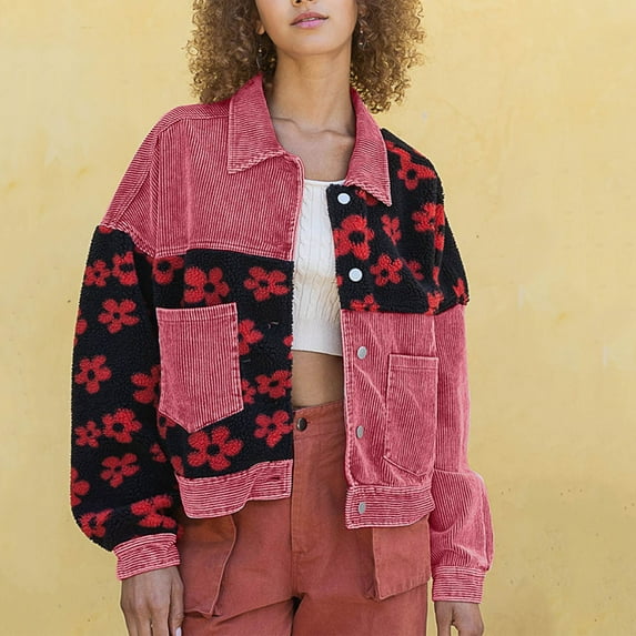 Viikei Denim Jackets for Women in clearance,Fashion Women Casual Printing Button Pocket Long Sleeve Blouse Coat Tops Watermelon Red M