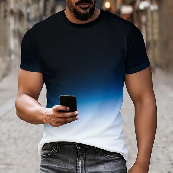 Viikei Dress Shirts for Men,Men‘s and Women's Funny Gradient Printed Casual Sports Round Neck Vintage Short Sleeved Shirt Blouse Tops Dark Blue XXXL