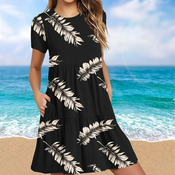 Viikei Dresses for Women Plus Size,Women's Summer Floral Short Sleeve Dress,Fashion Women's Summer Casual Short Sleeve Round-Neck Knee-High Pocket Dress Black M