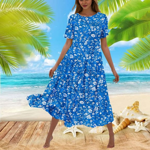 Viikei Dresses for Women,Women's Printed Short Sleeve Dress,Women's Flower Printing Casual Short Sleeve Crewneck Dress Casual Flowy Tiered Maxi Beach Dress Blue XXL