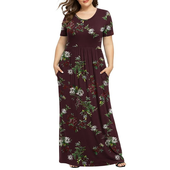 Viikei Dresses for Women,Women's Printed Short Sleeve Dress,Women's Plus Printed Casual Short Sleeve Round Neck Pleated Pocket and Ankle Dress Wine XXXL