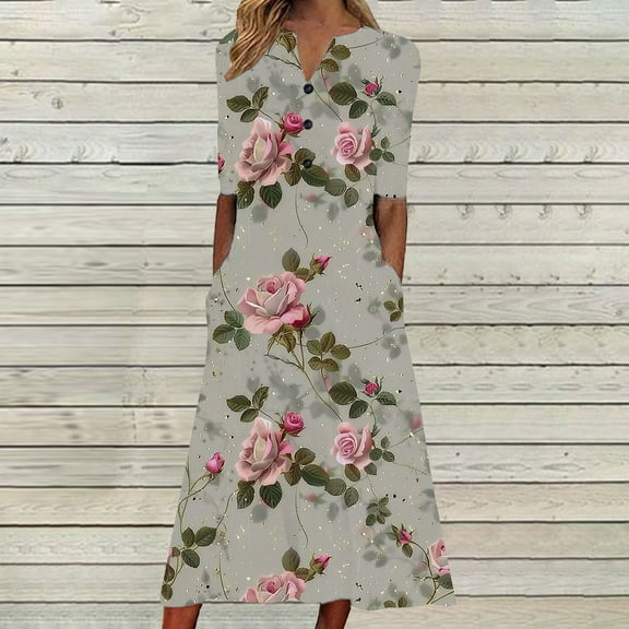 Viikei Dresses for Women,Women's Printed Short Sleeve Dress,Women's Solid Color Loose Casual Fashionable Printed Short Sleeved V-neck Mid Calf Dress Multicolor L
