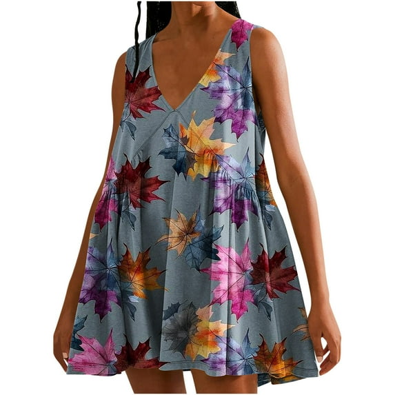 Viikei Dresses for Women 2025 Short Sleeve V-neck Floral,Women's Summer Print Casual Loose Sleevless V-Neck Dress Navy S