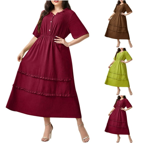 Viikei Dresses for Women Plus Size,Fashion Women's Large Size Solid Color Round Neck Short Sleeve Buckle Waist Lace Dress Wine XXL
