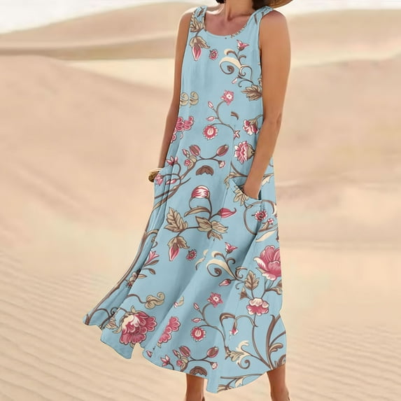 Viikei Dresses for Women Plus Size Sleeveless Dresses,New Women's Sleeveless and Linen Round Neck Printed Long Dress Light Blue L