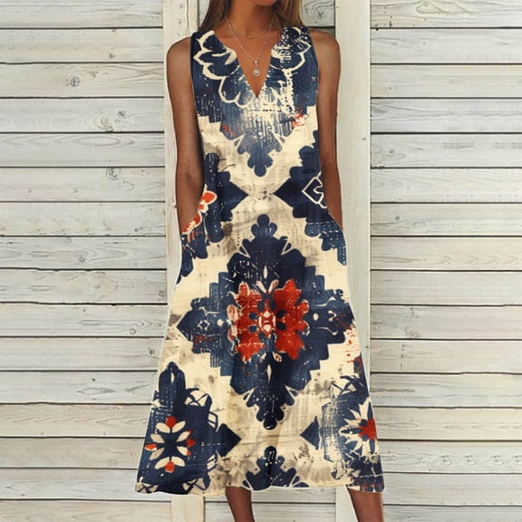 Viikei Dresses for Women Plus Size Sleeveless Dresses,New Women's V-neck Button Button Sleeveless Printed Long Dress Khaki XL