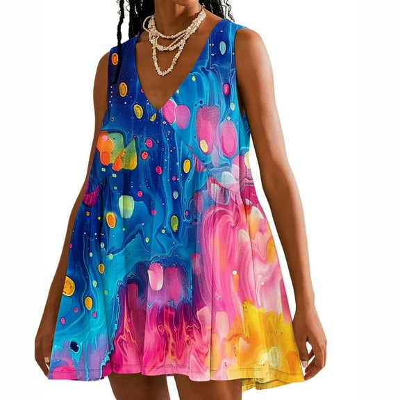 Viikei Dresses for Women Plus Size Sleeveless Dresses,Women Casual Loose Summer Print Pleated Sleeveeless V-Neck Dress with Pocket Yellow S