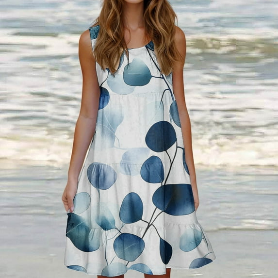 Viikei Dresses for Women Plus Size Sleeveless Dresses,Women's Fashion Holiday Summer Solid Color Sleeveless Party Beach Dress Light Blue L