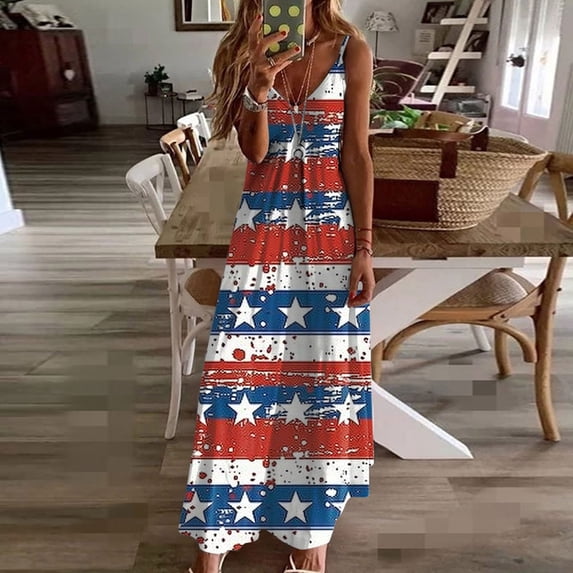 Viikei Dresses for Women Plus Size Sleeveless Dresses,Women's Summer Print Casual Loose Sleevless V-Neck Dress Blue XL