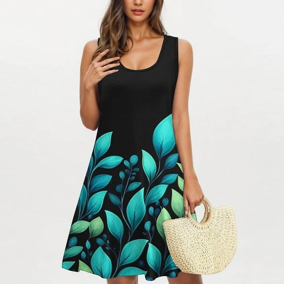 Viikei Dresses for Women Plus Size Summer,Fashion Women's Casual Printed Pocket Sleeveless Round Neck Dress Black XXL
