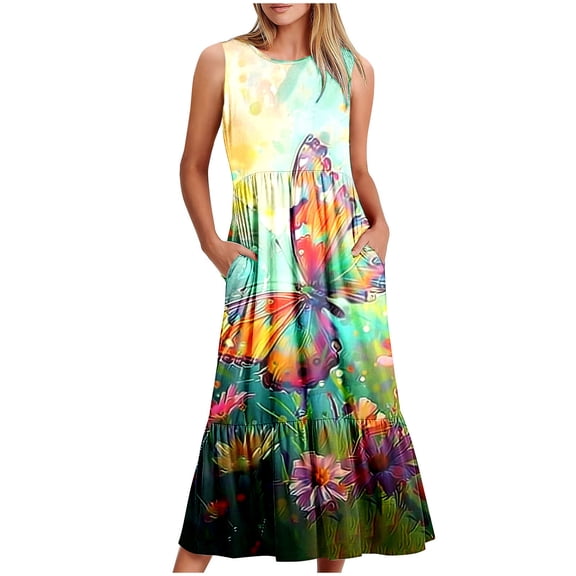 Viikei Dresses for Women Plus Size Summer,Ladies' Round Neck Sleeveless Mid Calf Double Pocket Printed Dress Multicolor S