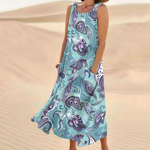 Viikei Dresses for Women Plus Size Summer,New Women's Sleeveless and Linen Round Neck Printed Long Dress Light Blue M