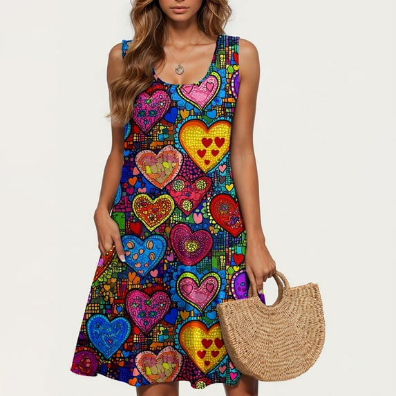 Viikei Dresses for Women Plus Size Summer,Valentine's Day Women Casual Plus-size Sleeveless Crew Neck Print Short Dress Yellow S