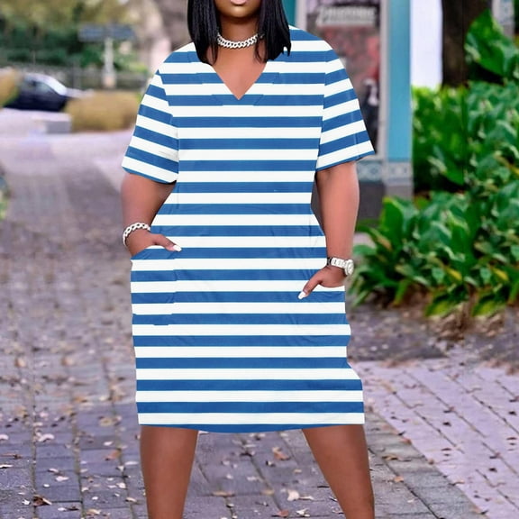 Viikei Dresses for Women Plus Size Summer,Women's Oversized Printed Loose Casual Short Sleeved V-neck Knee Length Dress Blue XXXL