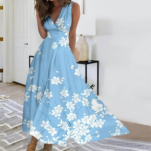 Viikei Dresses for Women Plus Size Summer,Women's Spring/Summer Sleeveless Color V-Neck Wrapped Chest Dress Long Dress Blue XXXL