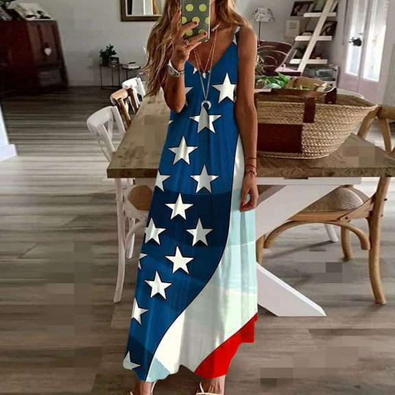 Viikei Dresses for Women Plus Size Summer,Women's Summer Print Casual Loose Sleevless V-Neck Dress Blue XL