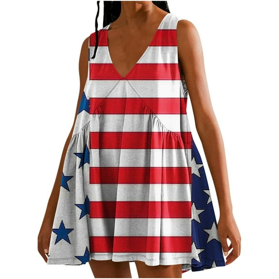 Viikei Dresses for Women Plus Size Summer,Women's Summer Print Casual Loose Sleevless V-Neck Dress Red XL