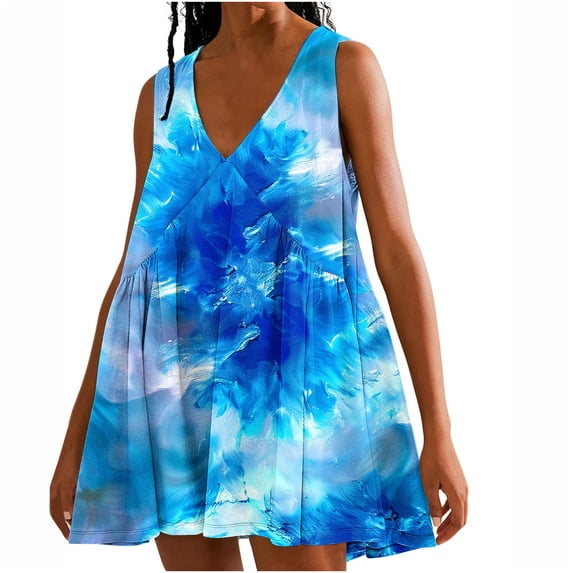 Viikei Dresses for Women Plus Size Summer,Women's Tie Printed Casual Loose Pleated Sleeveless V-neck Dress with Pockets Multicolor L