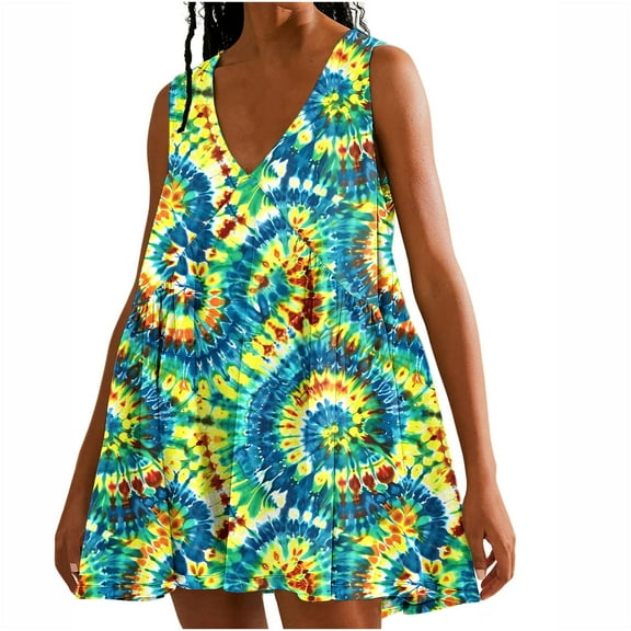 Viikei Dresses for Women Plus Size Summer,Women's Tie Printed Casual Loose Pleated Sleeveless V-neck Dress with Pockets Multicolor M