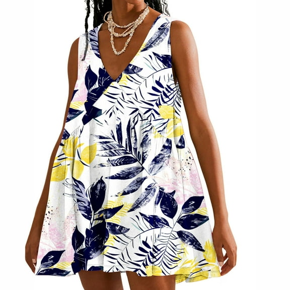 Viikei Dresses for Women Plus SizeWomen Casual Loose Summer Print Pleated Sleeveeless V-Neck Dress with Pocket Navy L