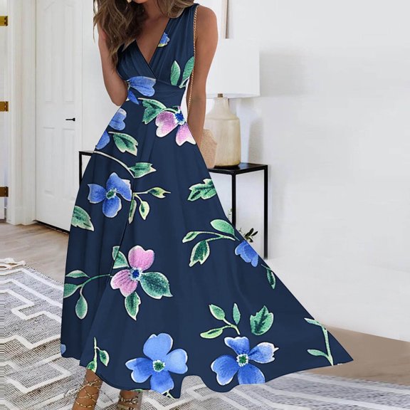 Viikei Dresses for Women Plus SizeWomen's Spring/Summer Sleeveless Color V-Neck Wrapped Chest Dress Long Dress Blue XXL