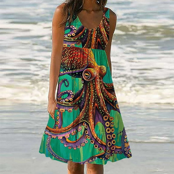 Viikei Dresses for Women Plus SizeWomens Fashion Holiday Summer Casual Printing Sleeveless Party Beach Loose Dress Green XXXXL