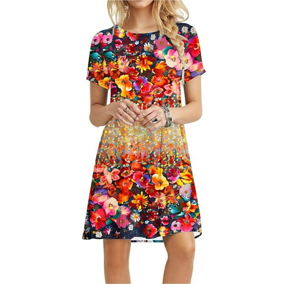 Viikei Dresses for Women,Women's Printed Short Sleeve Dress,Women's Short Sleeved Dress with Floral Print Round Neck Dress Multicolor L