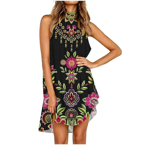 Viikei Dresses for Women,Women's Printed Short Sleeve Dress,Women's Vintage Print Print Dress Sleeveless Round Neck Knee-length Dress Multicolor XXL