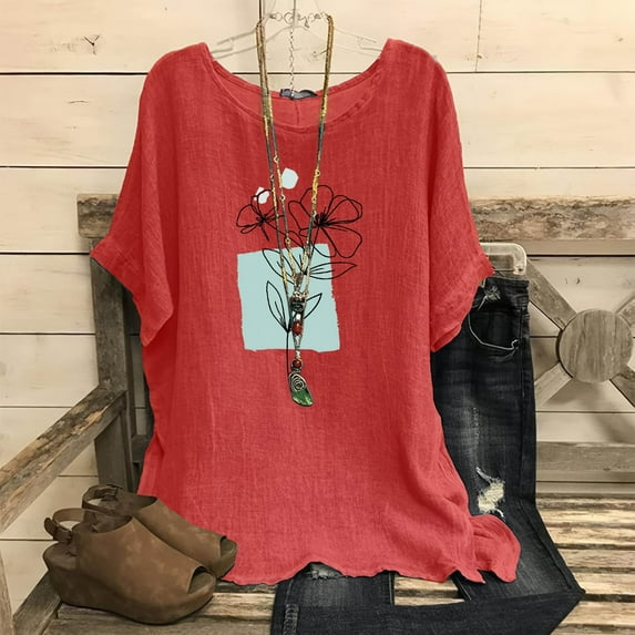 Viikei Dressy Blouses for Women,Women's Fashion Print Tees Casual Crew Neck Raglan Short Sleeve Loose T Shirt Linen Blouses Red S